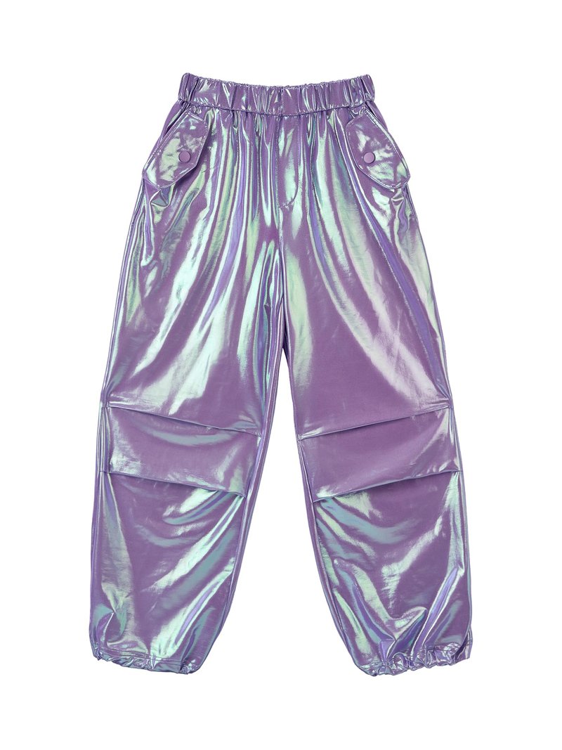 Stelle Girls Metallic Cargo Pants Shiny Hip Hop Dance Joggers Sparkly Stretchy Wide Leg Street Pants for Kids,Iridescent Purple,8-9 Years