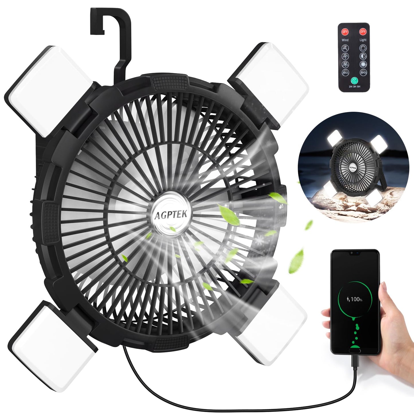 AGPTEK Portable Outdoor Fan - 8000mAh Rechargeable Battery with LED Light Lantern & Hook, Ideal for Picnics, BBQ, Fishing, Travel & Camping