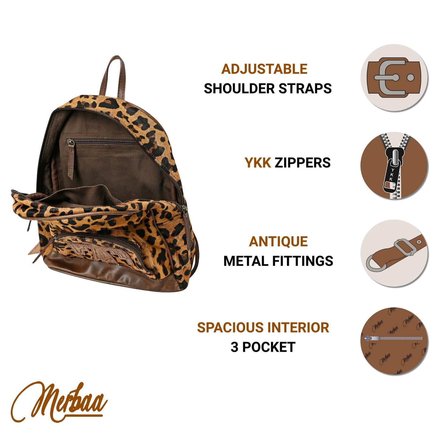 Merbaa Handmade Genuine Cowhide Leather Backpack for Women – Fashion Zipper Closure Bag with Eagle Hand-Tooled Patch, Cotton Lining, Adjustable Straps, Brown Western Style