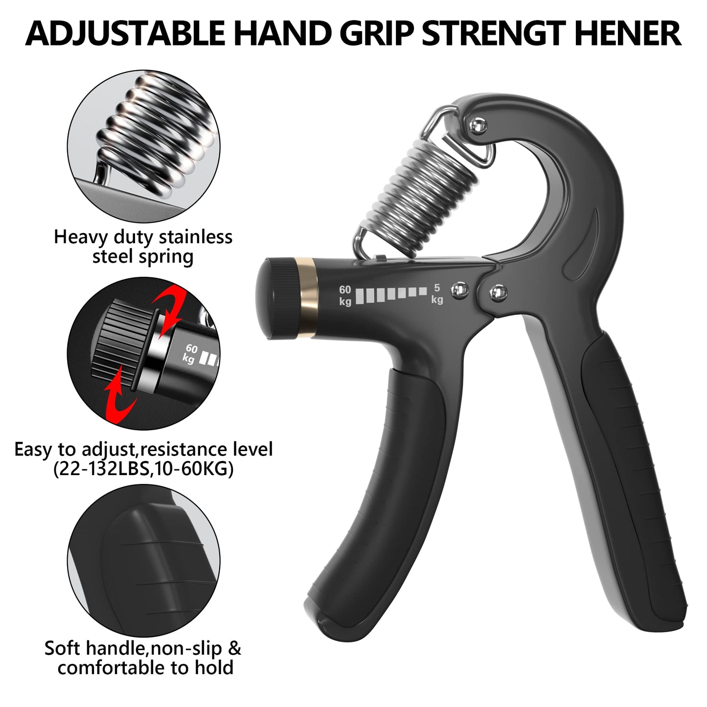 XAGYL Hand Grip Strengthener Kit - Ultimate Hand Exerciser Set for Forearm Workout, Adjustable Grip Strength Trainer, Stress Relief Ball, Exercise Ring, Training and Recovery (Frosted Black)
