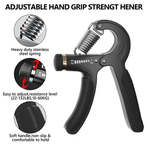 XAGYL Hand Grip Strengthener Kit - Ultimate Hand Exerciser Set for Forearm Workout, Adjustable Grip Strength Trainer, Stress Relief Ball, Exercise Ring, Training and Recovery (Frosted Black)