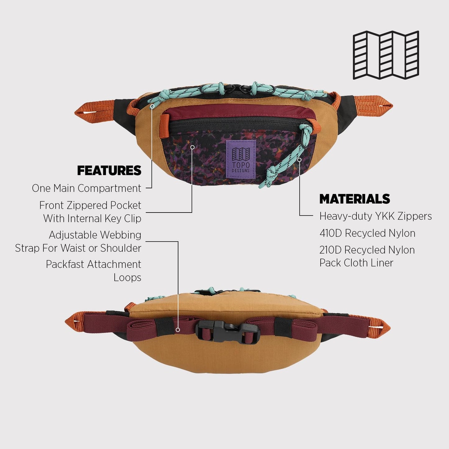 Topo Designs Mountain Waist Pack, Hip Bag, 100% Recycled Nylon Construction, 2L capacity, YKK Zips (Meteor)