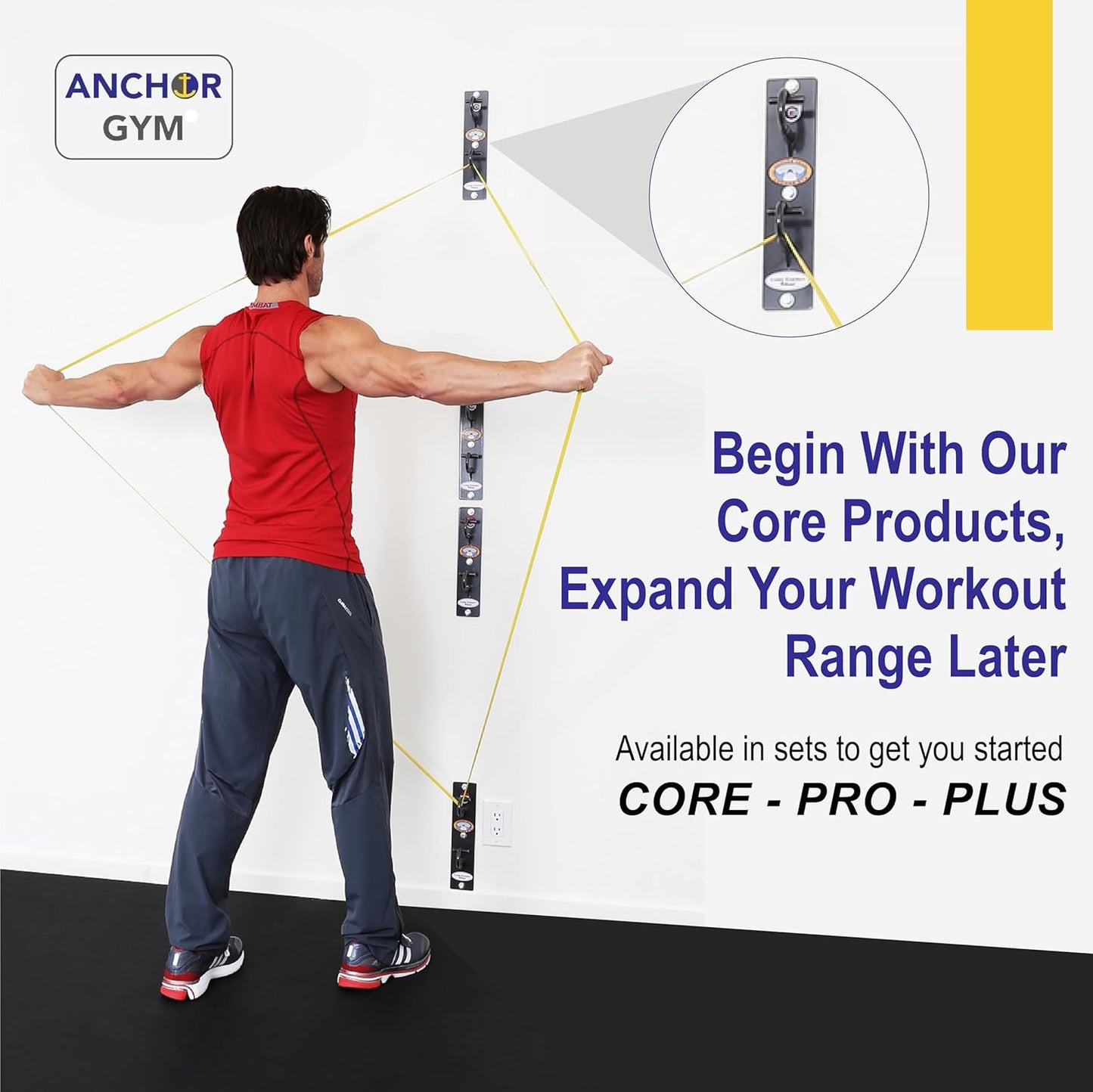 Anchor Gym Core Station - Wall Mount Workout Anchors for Resistance Band, Three Units with Two Hooks for Exercise Bands, Body Weight Straps, Strength Training - (Wood Mounting Screws Included)
