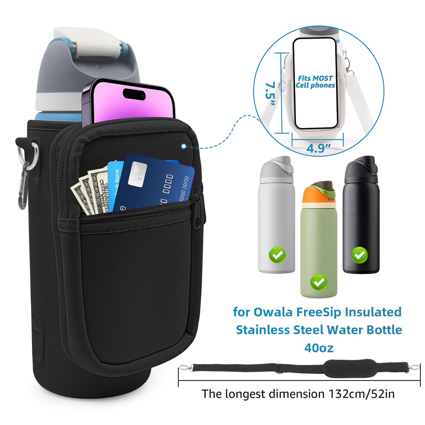 for Owala FreeSip Insulated Stainless Steel Water Bottle Cup Holder Cover Carrier Sling Bag with Strap, Pouch Pocket for Phone/Accessories, add Handle for Owala 40oz (Black-40oz)