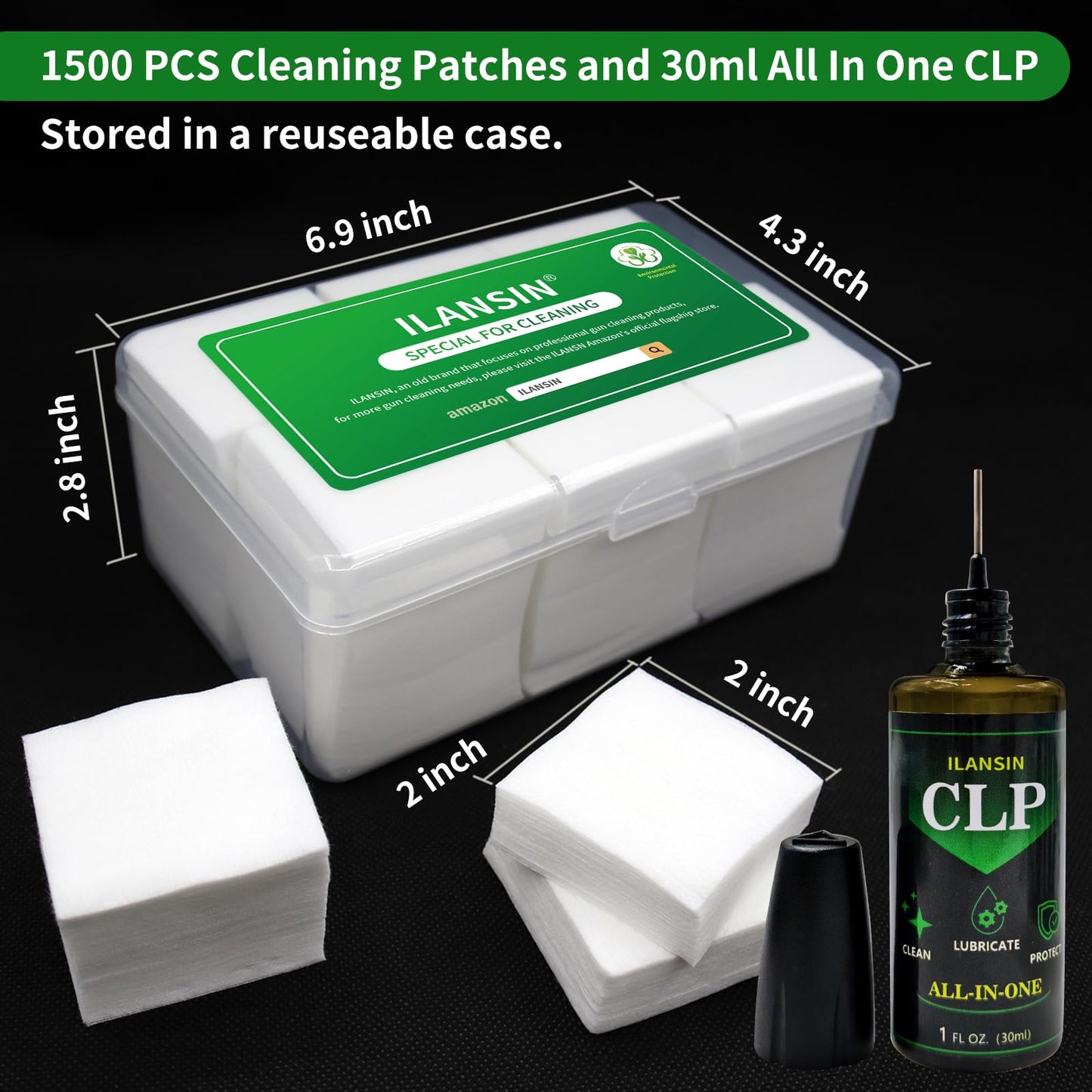 ILANSIN 1500PCS Gun Cleaning Patches+30ml CLP Oil,2"x2" Lint Free Gun Cleaning Cloth,Professional Wipes for Shot Pistol and All Caliber of Firearms. Store in a Box Can Store Gun Cleaning Kit