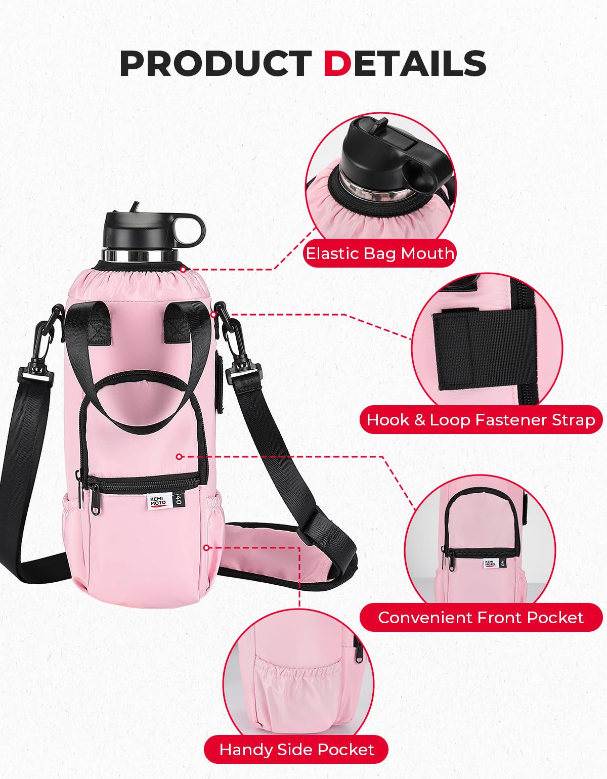KEMIMOTO Upgraded Dual-Use Water Bottle Holder Bag for 40/30 oz Handle and Non-Handle Tumblers, Water Bottle Carrier Bag with Adjustable Shoulder Strap Carrier and Phone Pocket,30oz Pink