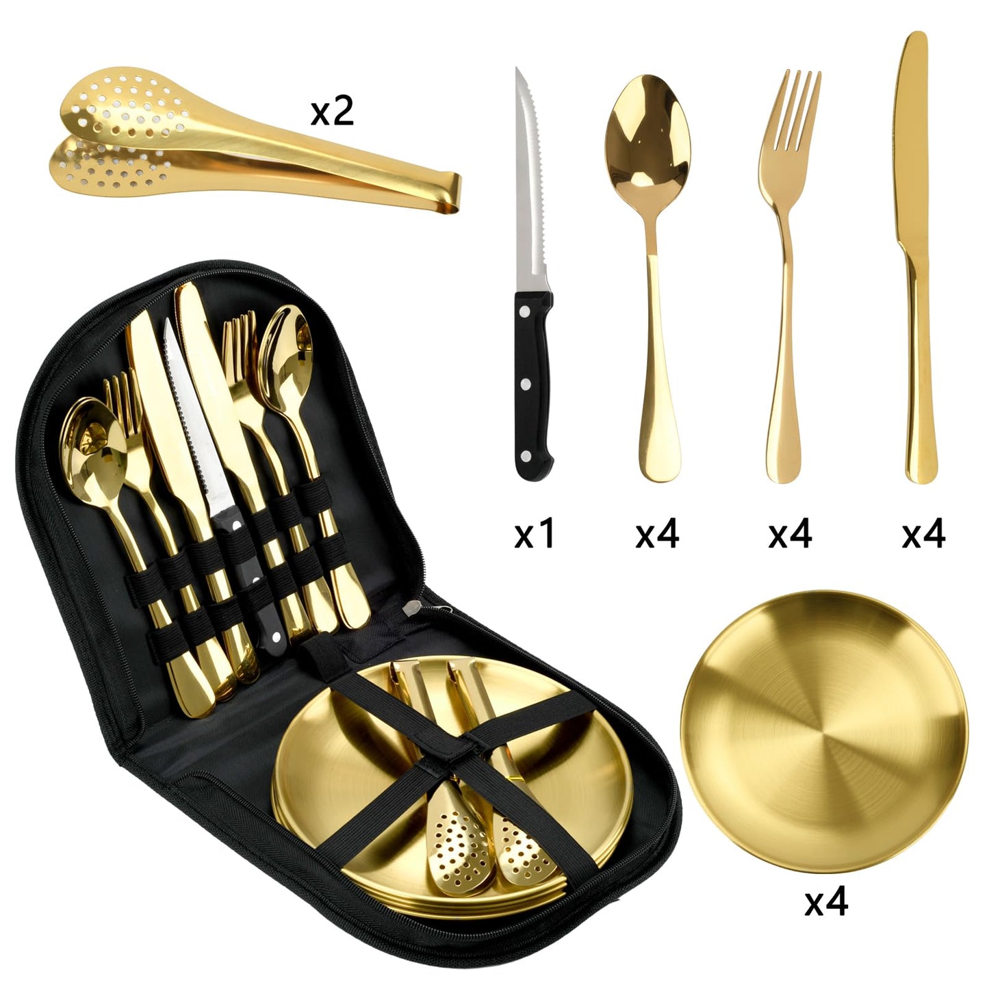 20-Piece Stainless Steel Silverware Set with Organizer, Including Plates, Knives, Forks, Spoons - Premium Outdoor Picnic Tableware for Camping (Golden)