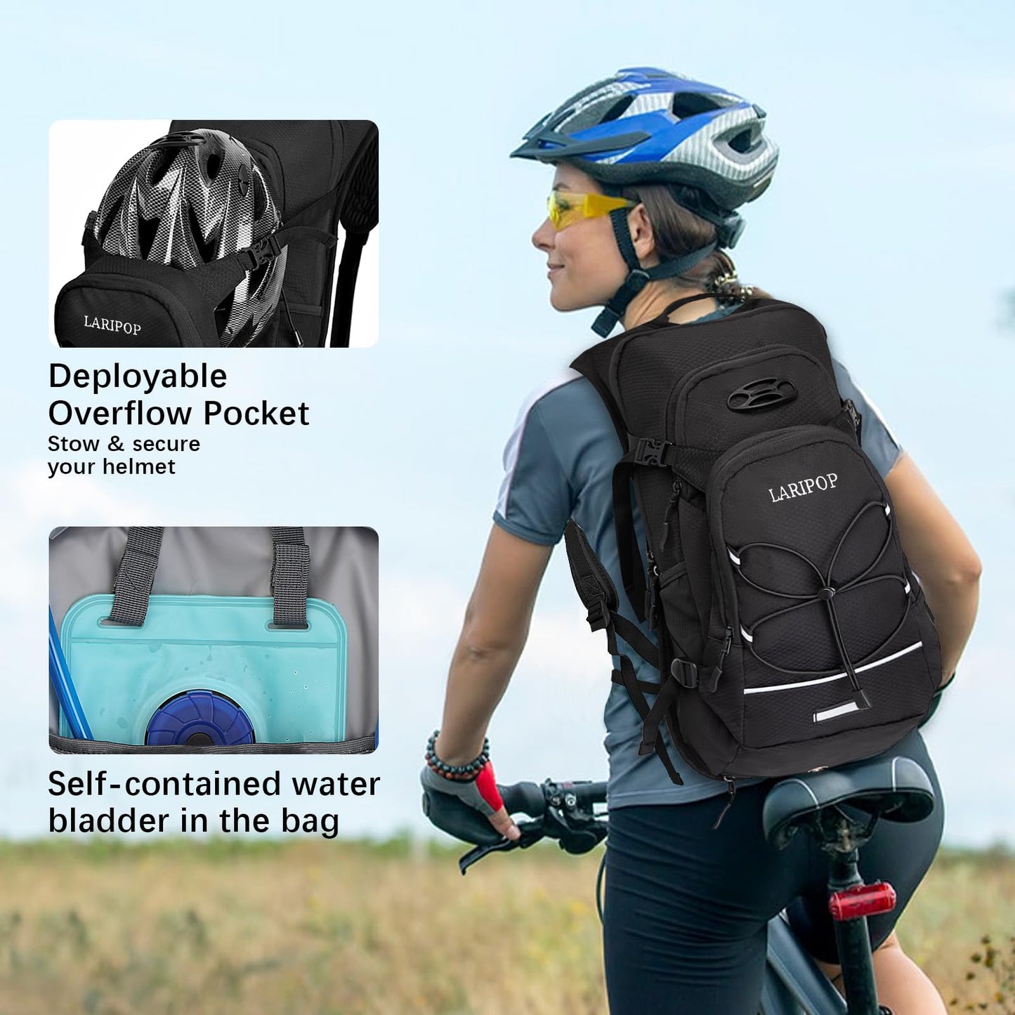 LARIPOP Hydration Backpack 18L with Water Bladder 2L Hiking Water Backpack Women Men Lightweight Hydration Pack Breathable Reflective Daypack with Storage for Cycling, Hiking, Biking, Running