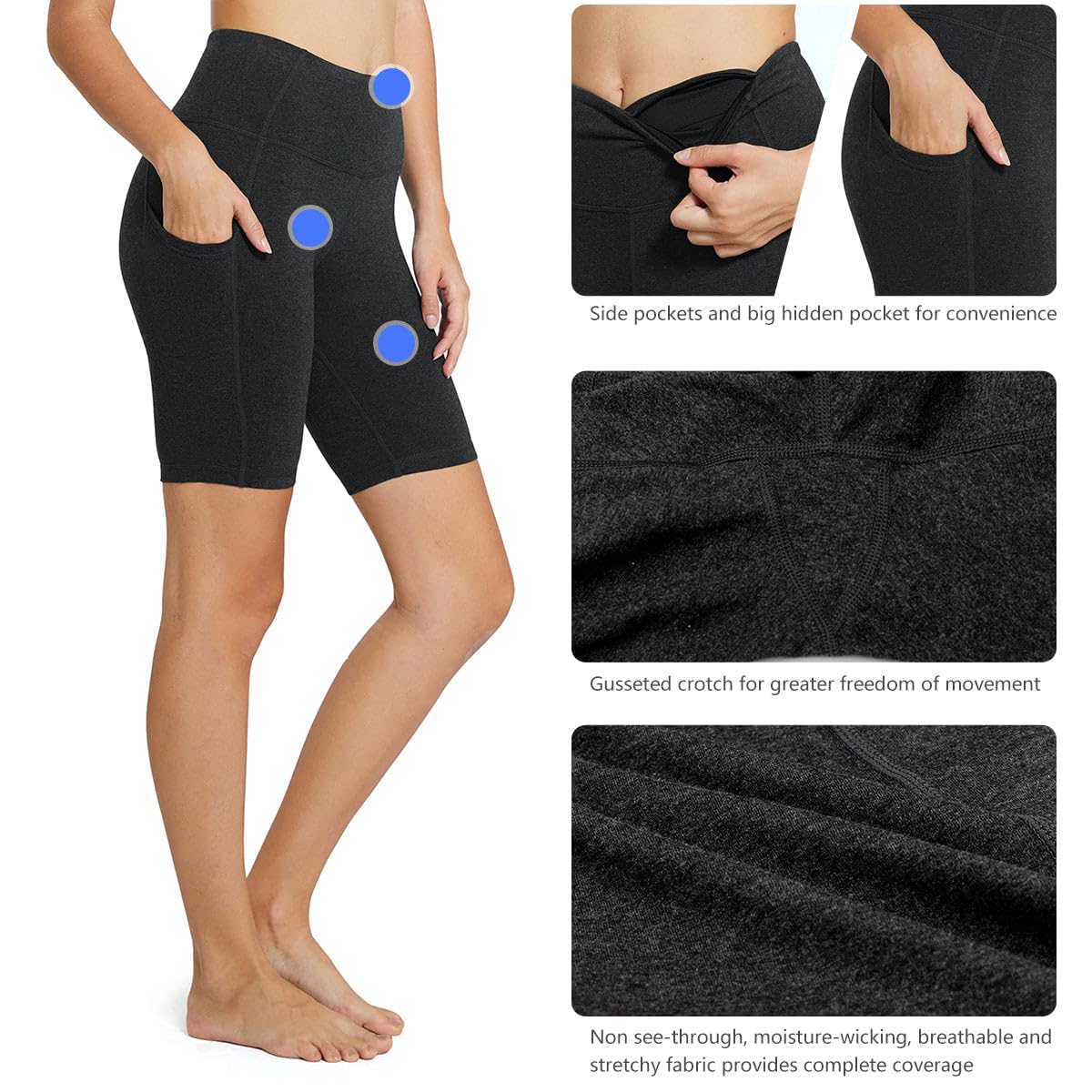 baleaf Women's High Waist Biker Shorts Tummy Control Spandex Shorts with 3 Pockets for Yoga Running Workout Compression 8" Charcoal XS