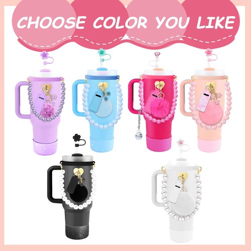 Accessories Set for Stanley Cup All Water Bottle Holder Strap Straw Cover Cap for Stanley Cup Charms Boot Diamond Hot Pink Tumbler 30oz 40oz Accessories Cute Silicone Straw Topper Charms Boot