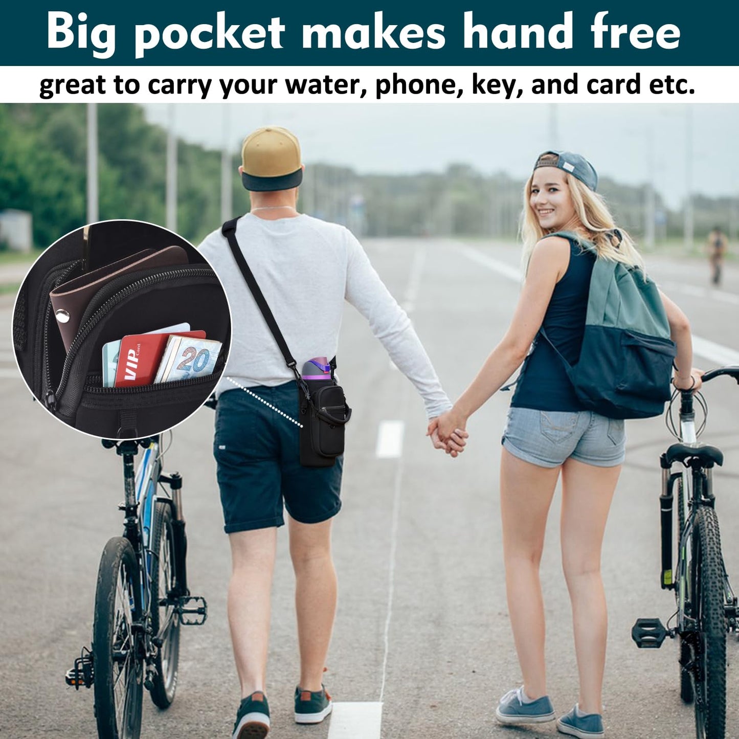 Water Bottle Holder Bag with Phone Pocket for Owala FreeSip 24 oz Neoprene Water Bottle Carrier Pouch with Adjustable Shoulder Hand Strap Crossbody Accessories for Hiking Travelling Camping