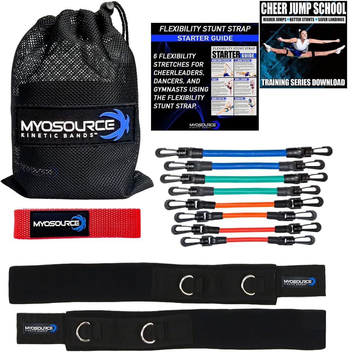 Cheer Kinetic Bands Cheerleader Flexibility and Strength Training | Improve Jumps, Stunts, Landings | 4-Level Leg Resistance Bands & 12 Stunt Strap Color Options, Digital Training Downloads