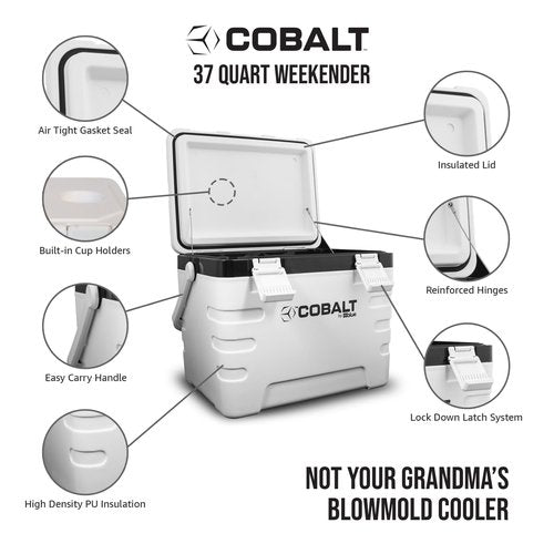 37 Quart Cobalt Weekender Cooler - Ice Chest by Blue Coolers for Camping, Sports Events, and Barbecues (Full Day Ice Retention) (White)