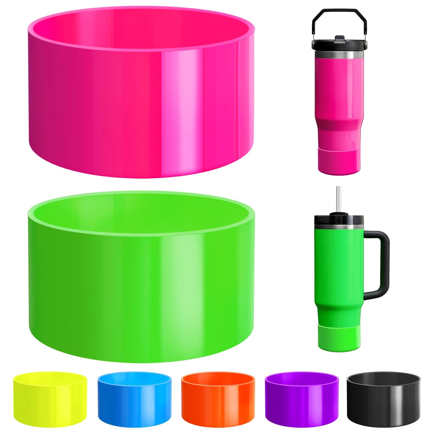 2Pcs Neon Protective Silicone Boot for Stanley Cup 20-40oz, Hydro Flask 12-24oz & Simple Modern 20-40oz, Antislip Sleeve for More Tumbler & Water Bottle with 2.8-2.95" Base, Electric Pink & Neon Green
