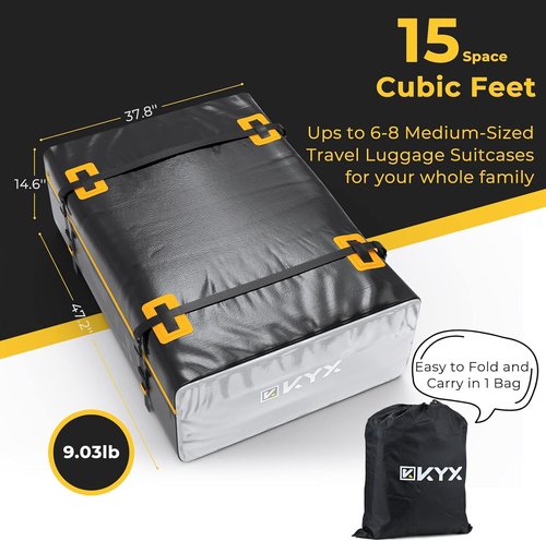 KYX Rooftop Cargo Carrier Bag, Car Roof Bag Cargo Carrier –15 Cubic Feet Waterproof Roof Top Luggage Bag for All Cars with/Without Racks, Double Rain Curtain, Anti-Slip Mat