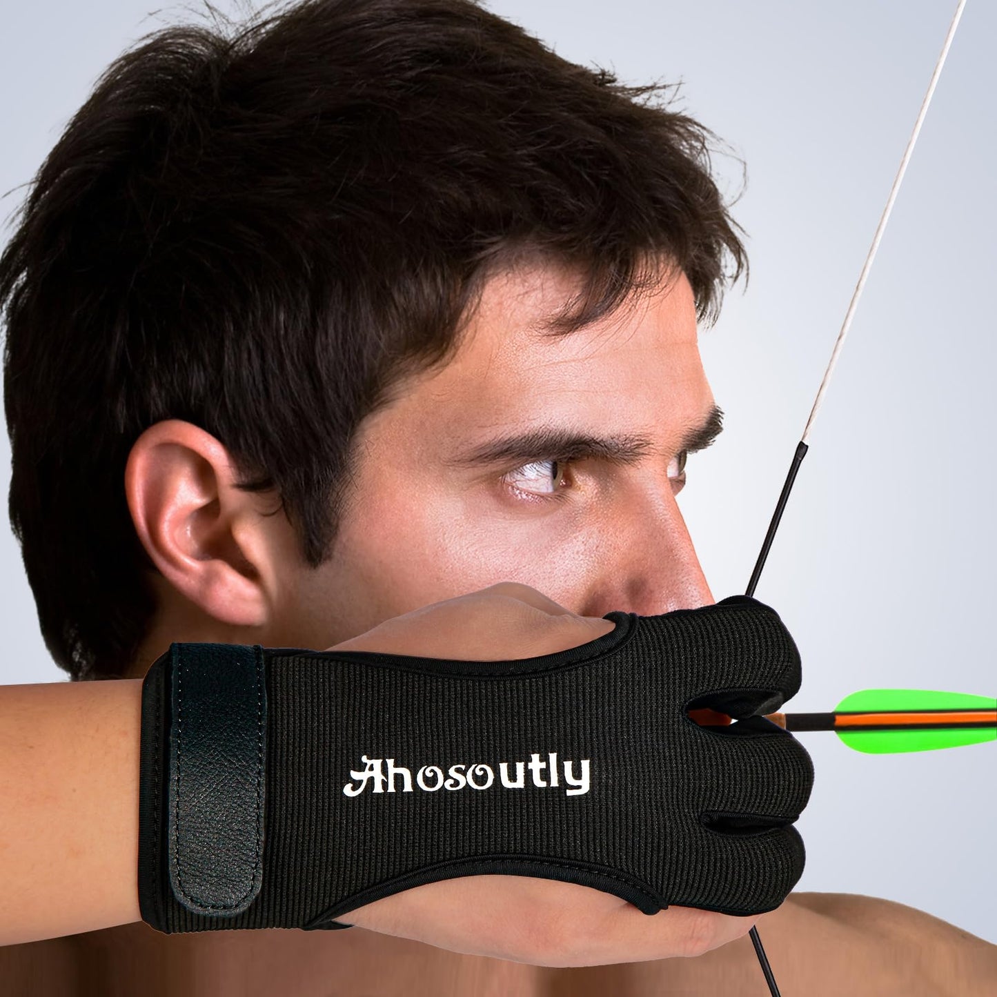 AHOSOUTLY Archery Glove Three Finger Leather Elasticity Archery Protective Gloves Archery Shooting Gloves for Adult and Kids,Protective Gear (Black, Medium)