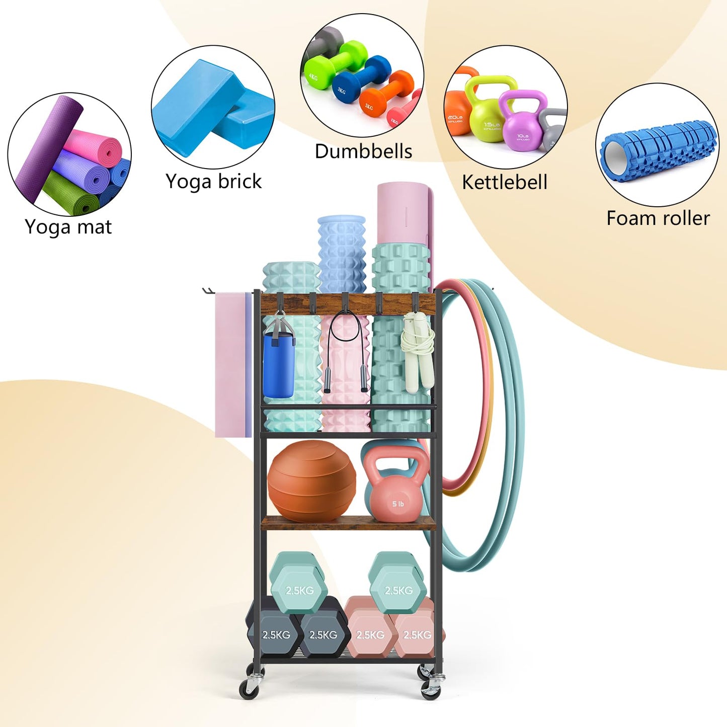 Home Gym Storage Rack, Yoga Mat Storage Racks, Workout Equipment Storage Organizer for Dumbbell Kettlebells, Exercise Shelf with Hooks and Wheels(Rustic Brown)