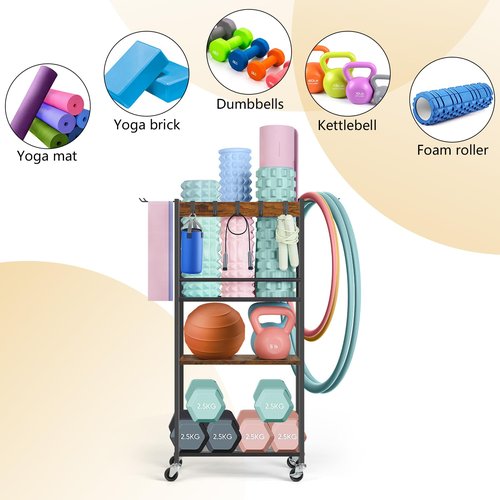 Home Gym Storage Rack, Yoga Mat Storage Racks, Workout Equipment Storage Organizer for Dumbbell Kettlebells, Exercise Shelf with Hooks and Wheels(Rustic Brown)