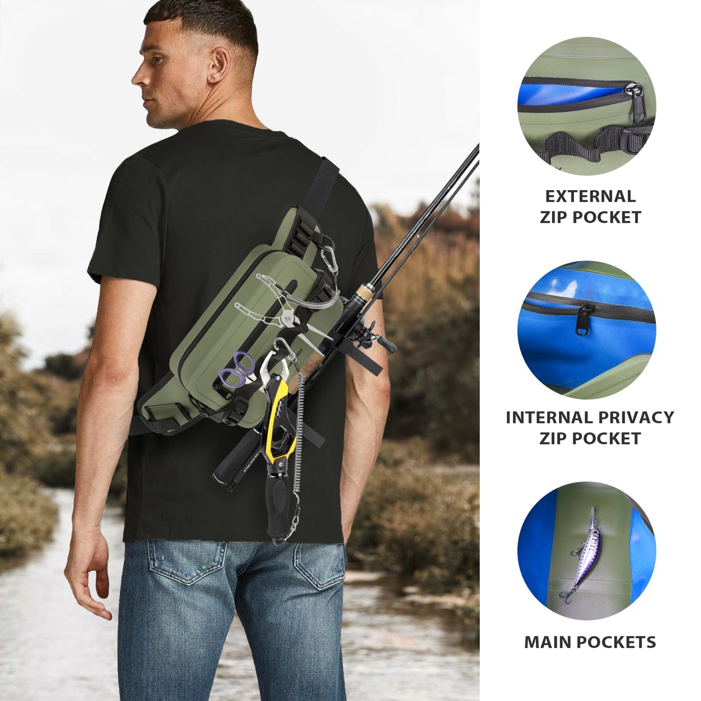 thkfish Waterproof Fishing Waist Pack,Fishing Tackle Bag Fanny Pack with Adjustable Strap Fishing Rod Holder,Airtight Zipper Closure,Lightweight Sling Fishing Waist Bag for Fly Fishing, Kayaking