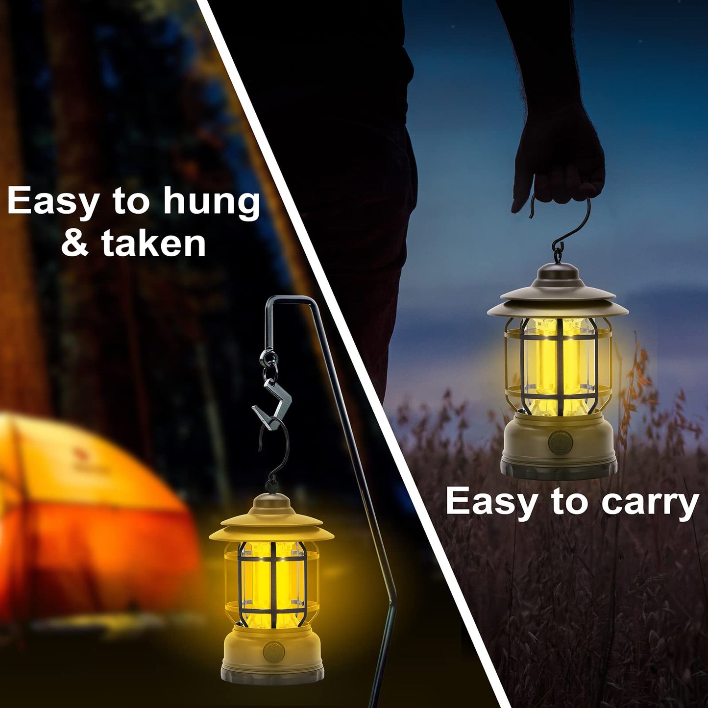 Rechargeable Portable LED Camping Lanterns, Vintage Style Tabletop Lantern, Stepless Dimming, Waterproof - Green, 2 Pack for Camping, Hanging Tent Light, and Power Outages