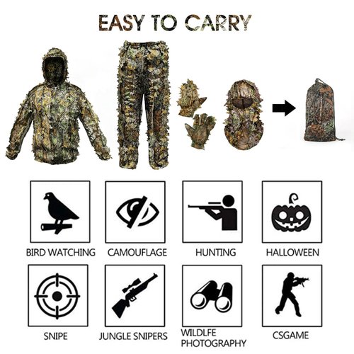 Ghillie Suit Camouflage Hunting Suits Outdoor 3D Leaf Lifelike Camo Clothing Lightweight Breathable Hooded Apparel Suit, Hunting Gloves, Leafy Face Mask and Bag for Jungle Shooting Halloween…