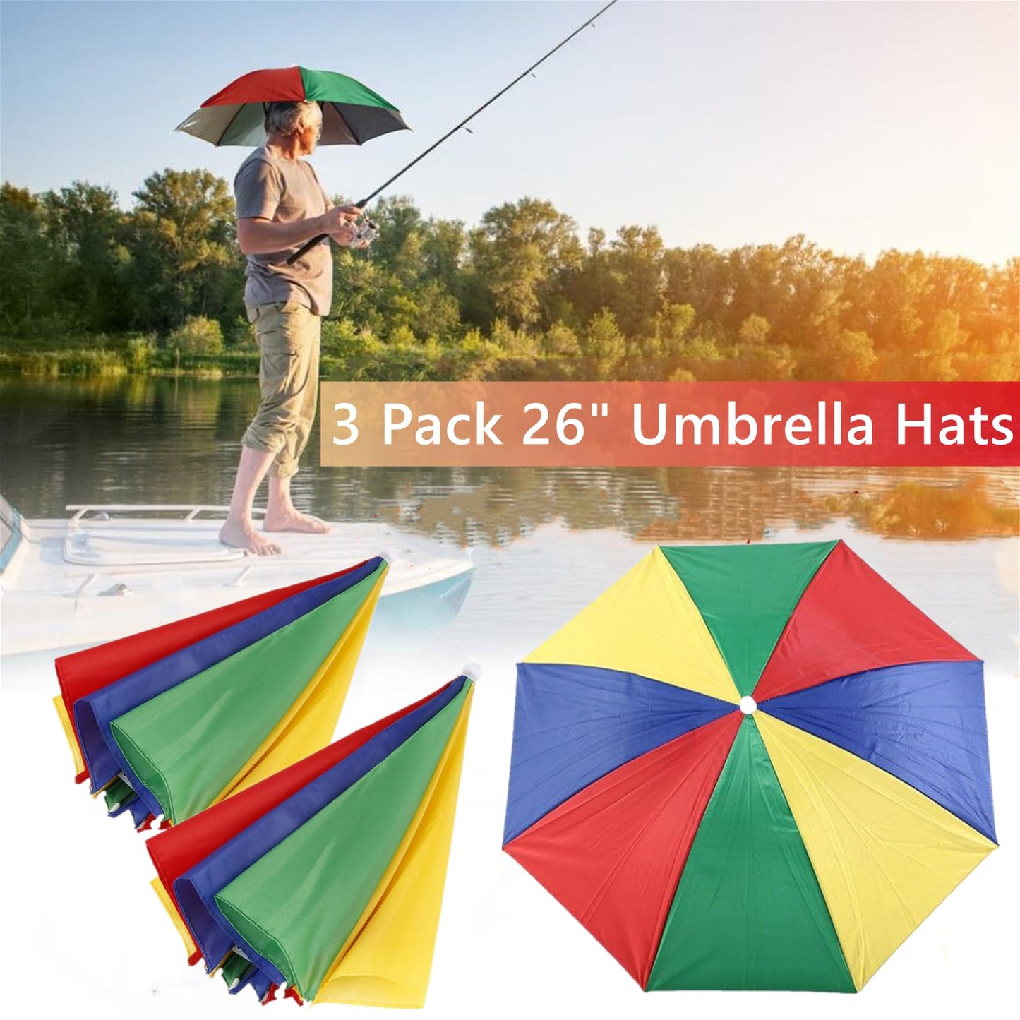 3 Pack Umbrella Hat for Adult, 26" Diameter Rainbow Sports Head Umbrella Hats for Women Men, Folding Waterproof Fishing Headwear for Outdoor Party Beach Hiking