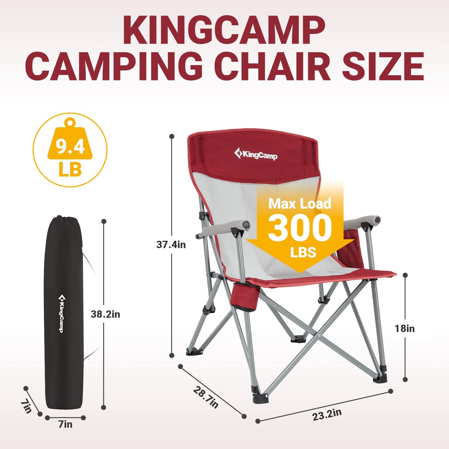 KingCamp Camping Chair for Adults with Arm Rest and Cup Holder Portable Camping Chair Support 300LBS Heavy Duty Folding Camp Chair for Lawn Outdoor Sports Travel (Red&Gray)