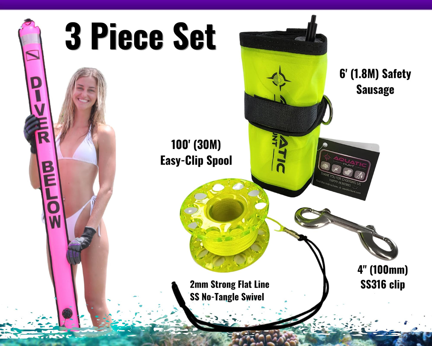 Aquatic Hunt 3 Piece Set = 6ft (1.83M) Safety Sausage (SMB) + 4" SS Clip + 100ft (30M) Finger Reel/Spool (Yellow)