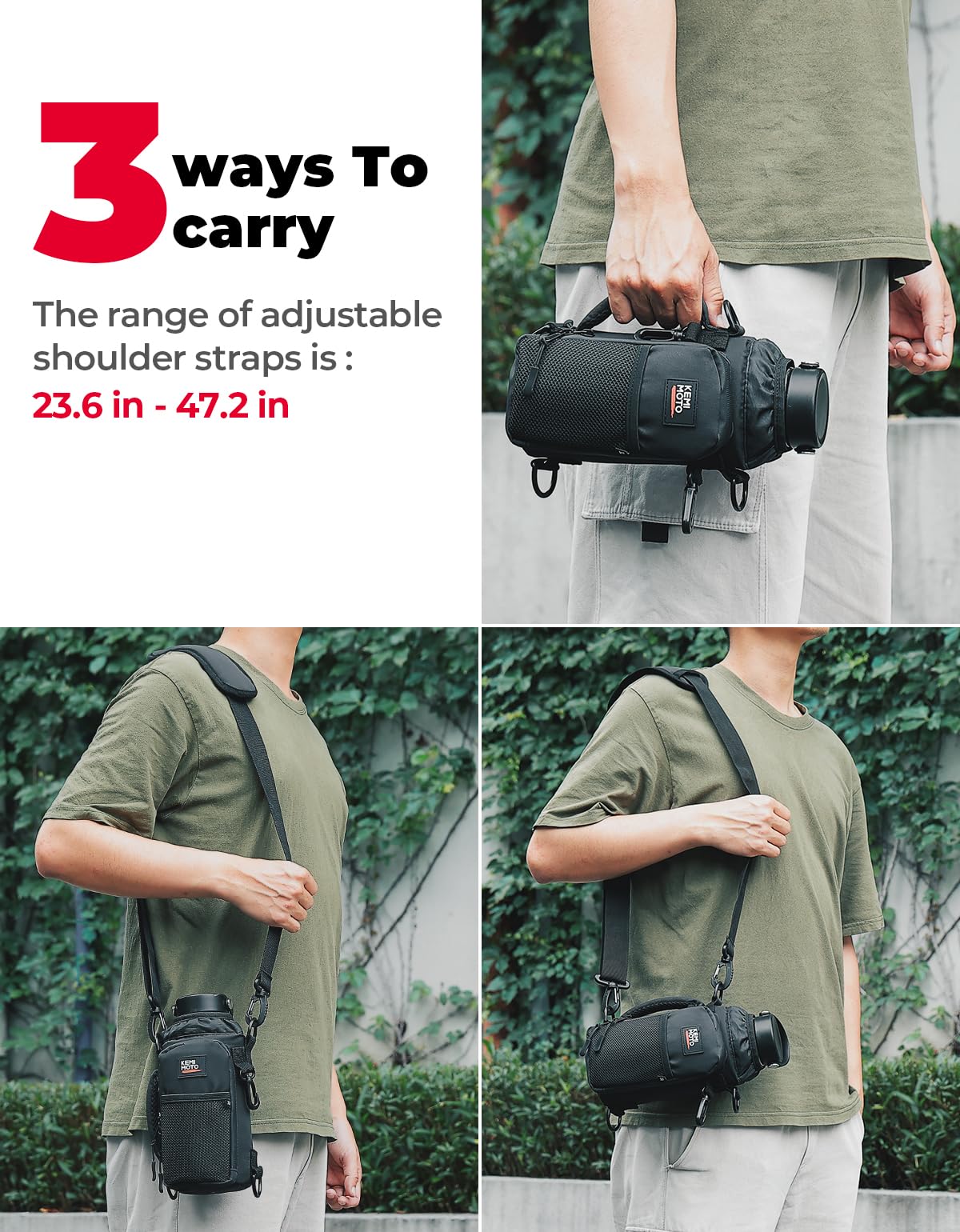 KEMIMOTO Water Bottle Holder Bag, Water Bottle Carrier with Adjustable Shoulder Strap, Water Bottle Pouch Holder for Hiking, Compatible with YETI STANLEY SLM 32 oz, 40 oz (Black-1, Elastic Band-40 oz)