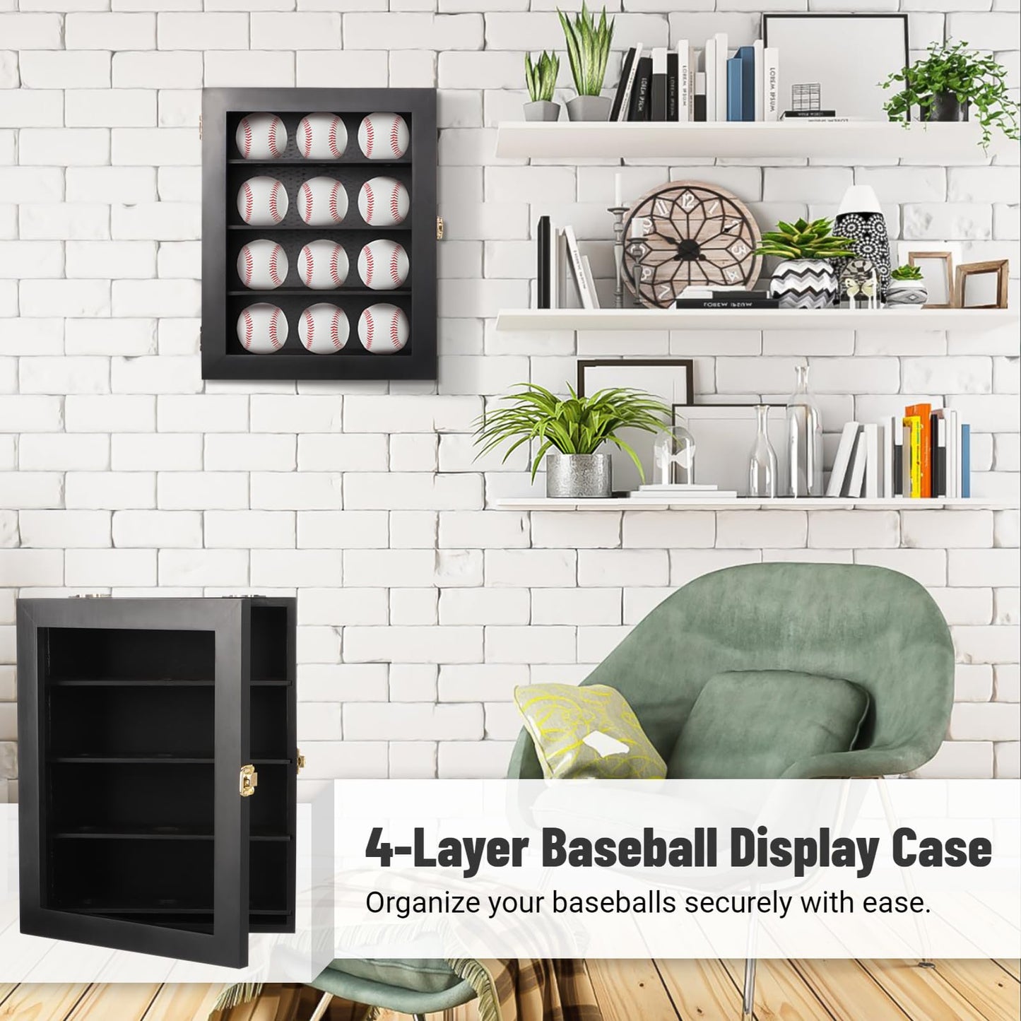 12 Wooden Wall-Mounted Baseball Display Case, Cabinet with Shelf Holder for Home Gym School