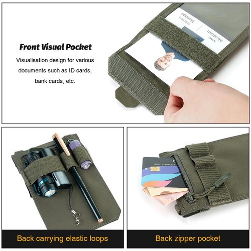 IDOGEAR Tactical ID Card Holder Visual Surface EDC Pouch with Zipper Pocket Badge Holders Credit Card Organizer Holster Neck Lanyard Hanging Hook and Loop Closure Pouches(Ranger Green)