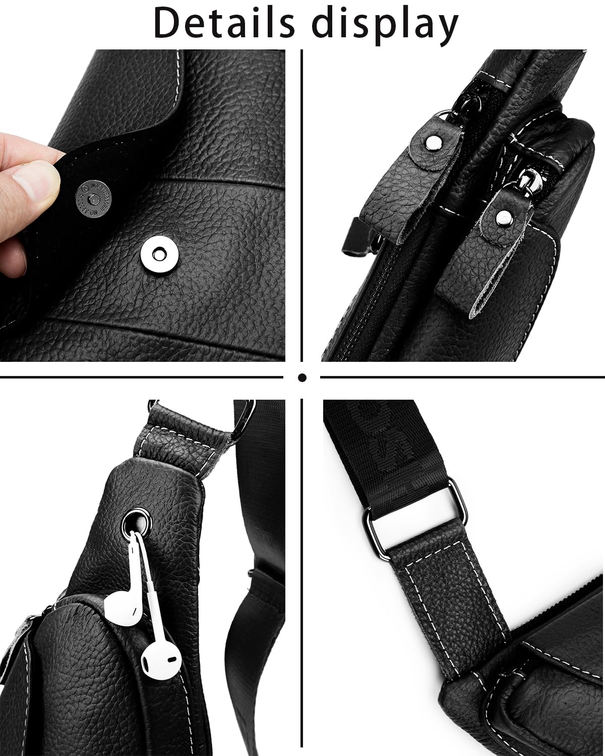 pundarika Genuine Leather sling bag for men women casual crossbody backpack small shoulder bag chest bag-Black