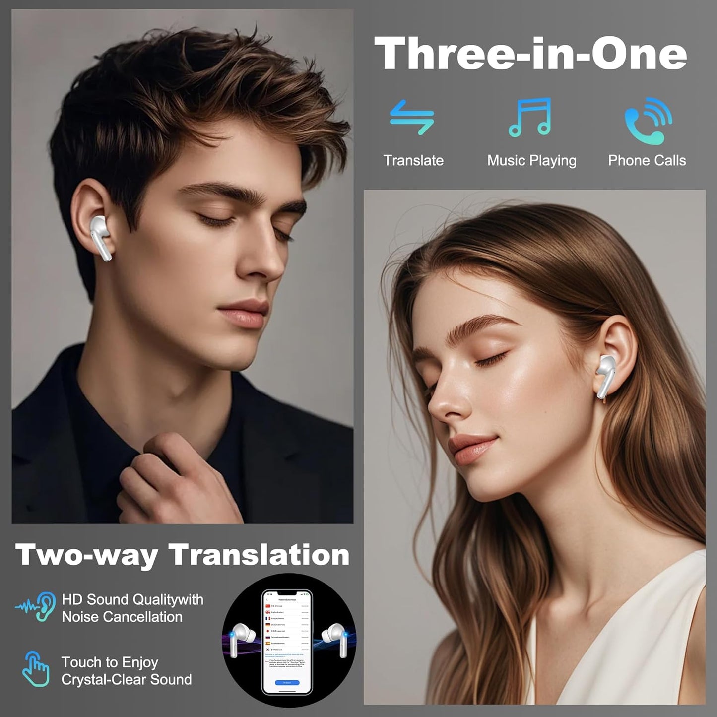 Ai Translation Earbuds Real Time, Translator Earbuds 144 Languages & Accents, 3-in-1 Translating Earbud Open Ear Clip-On Design, Audífonos Traductores for Travel Learning Business fit iOS & Android