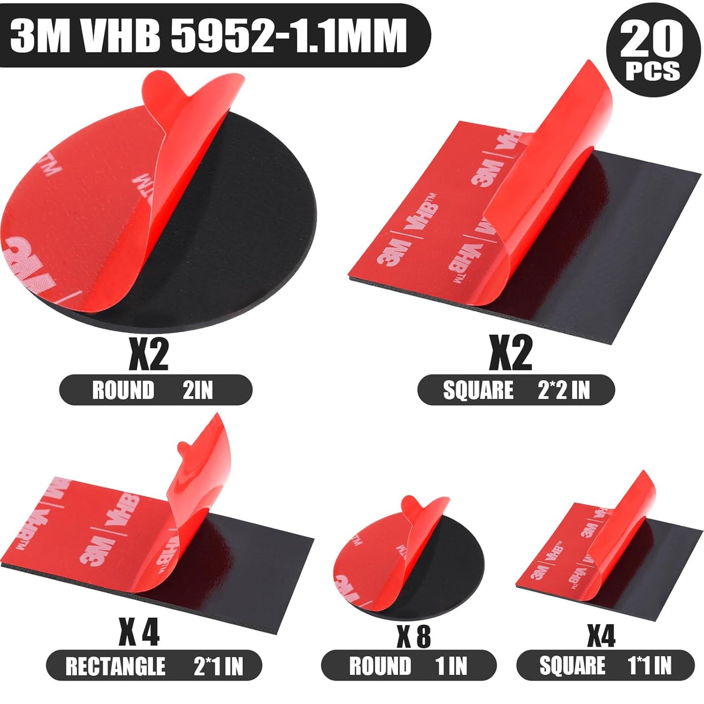 16 Pack 3M VHB 5952 Foam Tape, Double-Sided Heavy Duty Mounting Tape โ 1 Inch & 2 Inch, Square, Rectangle & Round Shapes, Waterproof & Heat Resistant, for Car, Home Decor & Outdoor Use
