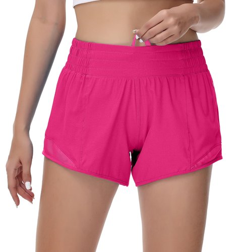 MCEDAR Women's Running Shorts High Waisted Lined 4",Lightweight Active Workout Quick Dry Gym Athletic Sports Shorts Zip Pocket Hot Pink,6/S