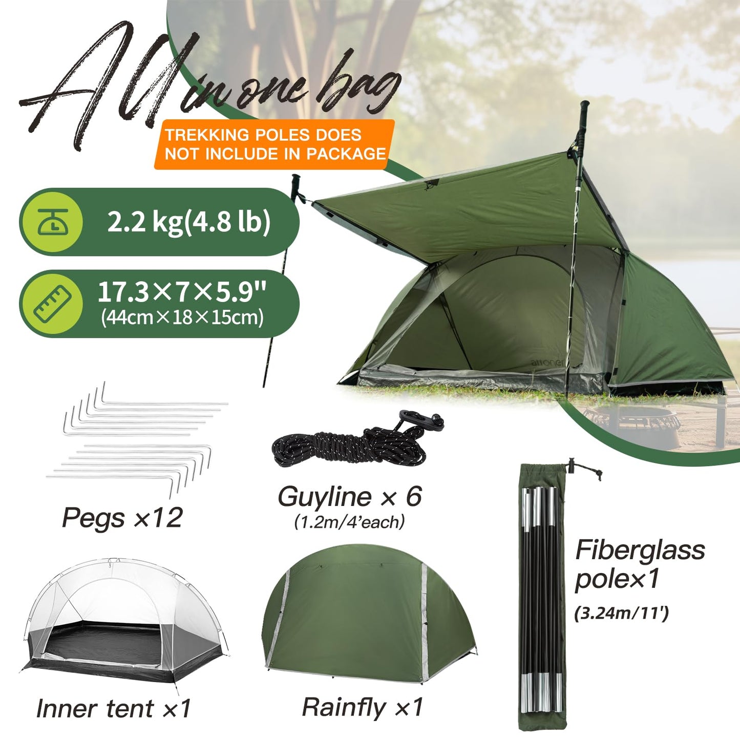 1 Person Tent for Camping, Backpacking Tent with Easy Setup, 3 to 4 Season Camping Tents, Lightweight Outdoor Tent for Hiking Mountain Hunting