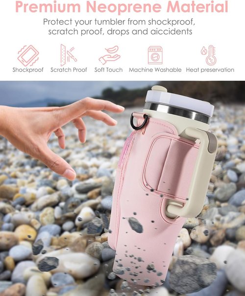 Water Bottle Carrier Bag with Phone Pocket for Stanley Cup 40/30oz, Adjustable Strap Tumblers Water Bottle Holder with Pouch and Straw Cover for Stanley Cup Accessories (Pink)