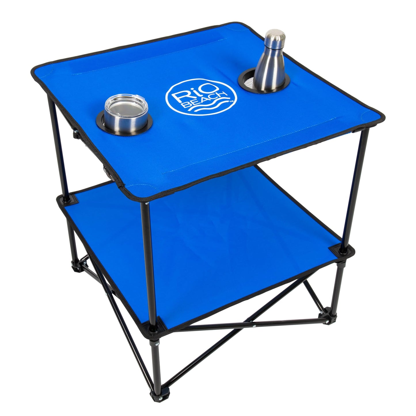 Rio Brands 22" Square Lightweight Fabric Portable Folding Beach Table with Cupholders, Blue