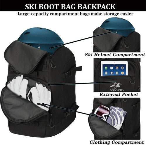 KEOFID Skate bag Backpack,Ski Boot Bag Backpack, Waterproof 50L ski bag, travel back pack for Ski Helmet, Snowboard and Accessories(Black)