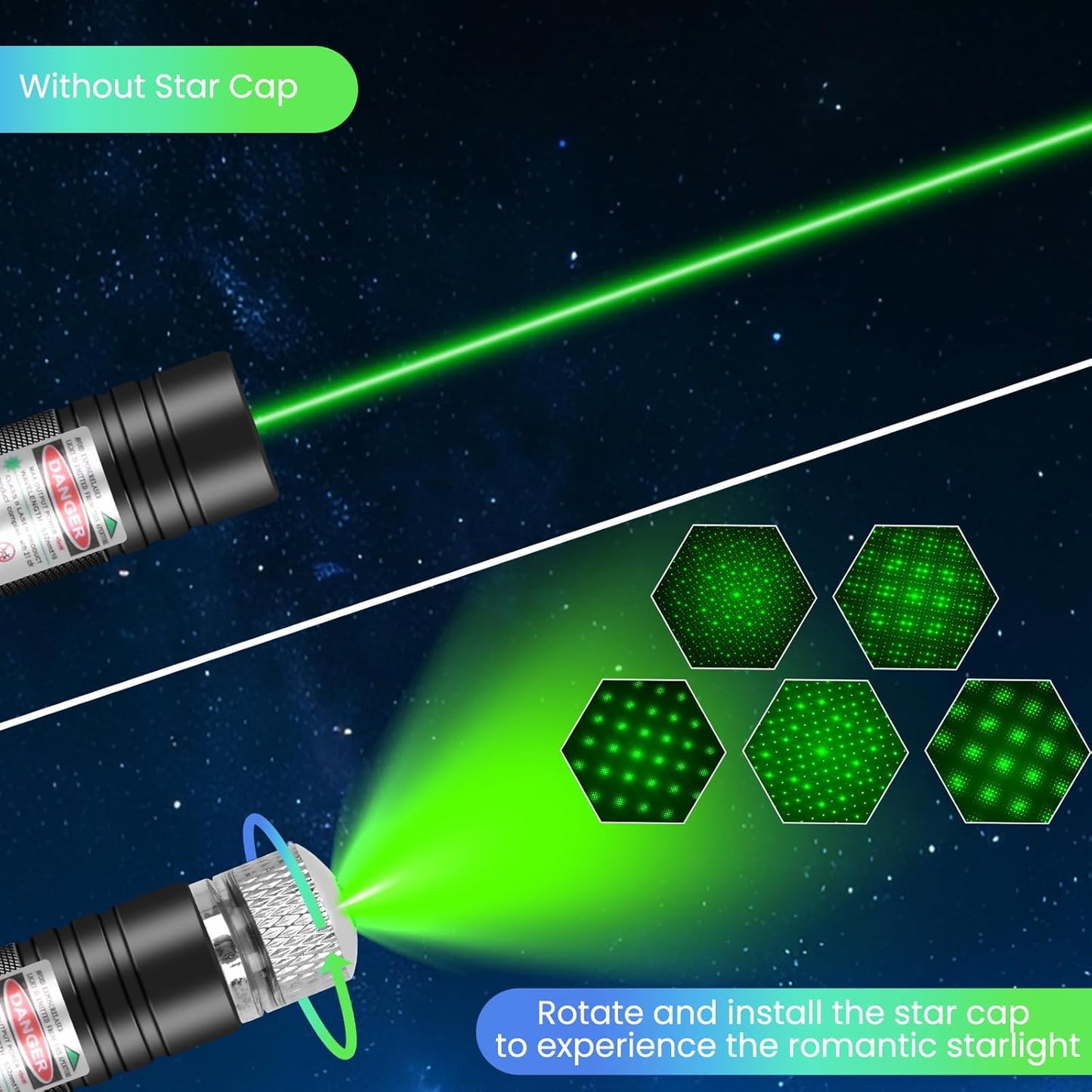 Rechargeable Green Laser Pointer High Power, Long Range Green Beam Laser Pointer with Star Cap for Astronomy, Architecture, Outdoor Adventures
