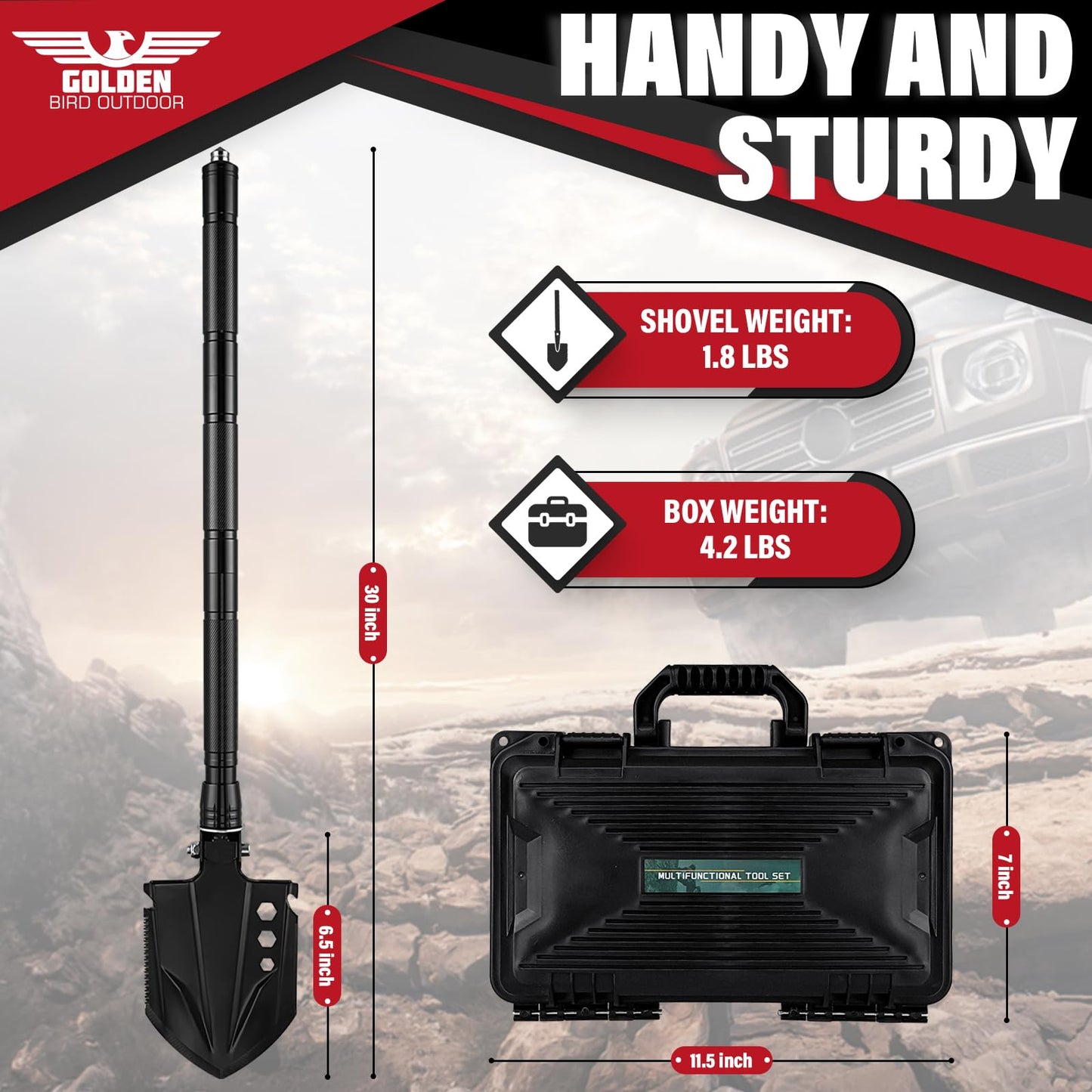 Golden Bird Survival Shovel Set - Multi-Tool Folding Camping Shovel with Carrying Case for Outdoor, 30 Inch Lengthened Handle Tactical Shovels, Off-Road, Gardening, Beach, Sand & Snow, Car Emergency