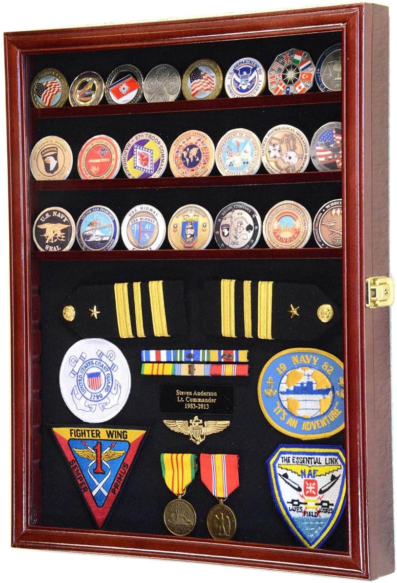 56 Challenge Coin Display Case Cabinet - Fully Adjustable Shelves - Larger Coins - 98% UV Protection (Black Finish)