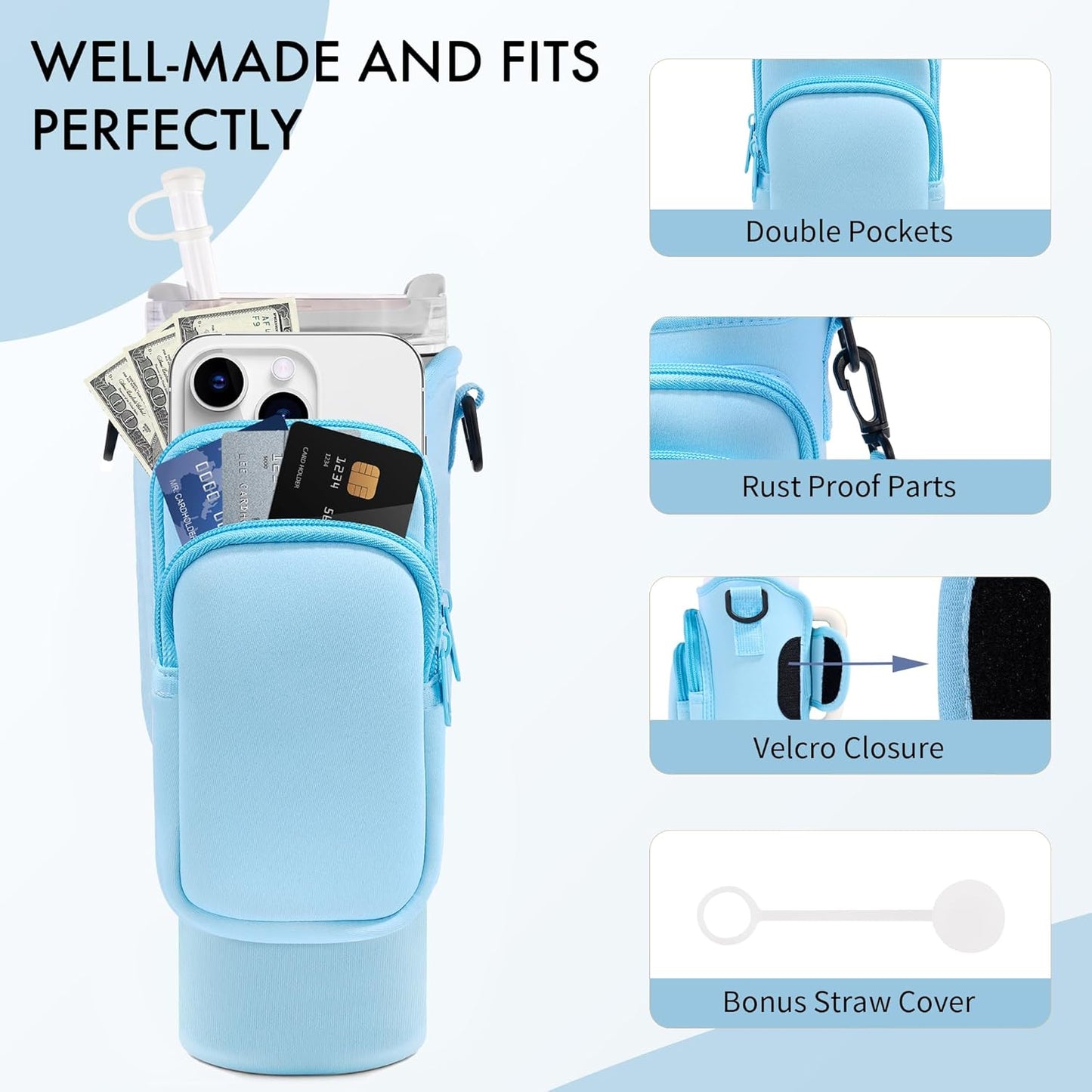 Water Bottle Carrier Bag for Stanley Cup 40/30 Oz | Adjustable Strap & Phone Pocket