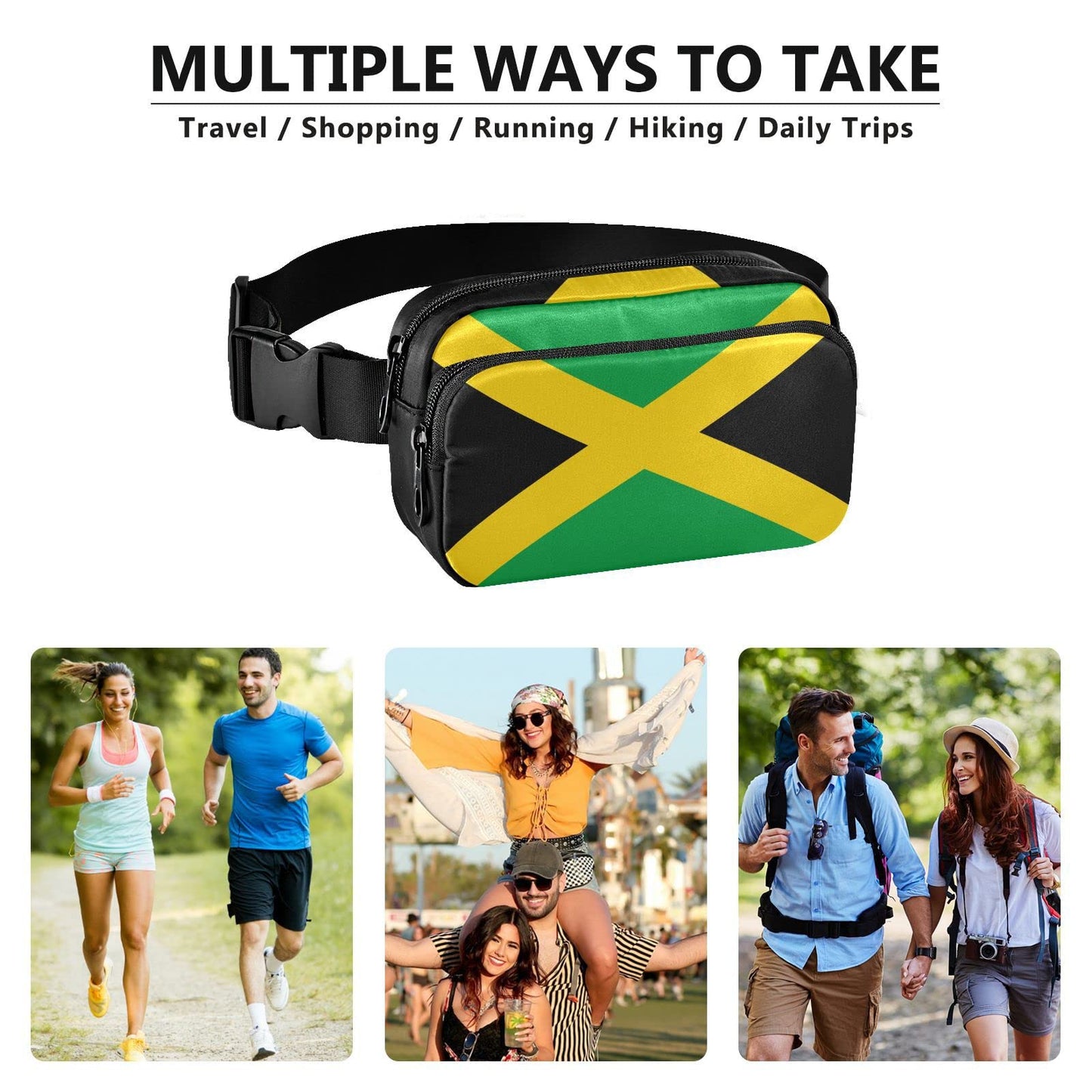 JHKKU Hiking Fanny Pack Jamaica National Flag Waist Pack Fashion Casual Hip Bum Bag with Adjustable Strap for Women & Men Hands Free Crossbody Bags for Outdoors, Hiking, Running, Travel
