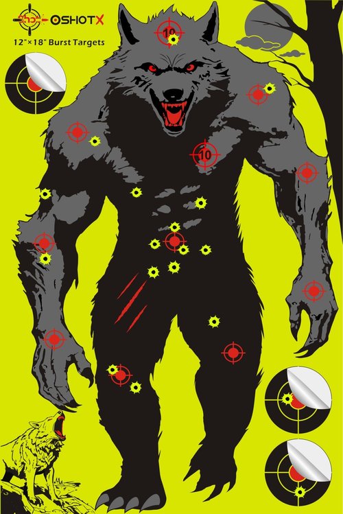 OSHOTX Werewolf Shooting Targets- 12 x18 inch - Reactive Silhouette Splatter Target Paper for Range - Easily See Shots Burst Bright Yellow Points (10 Pack)