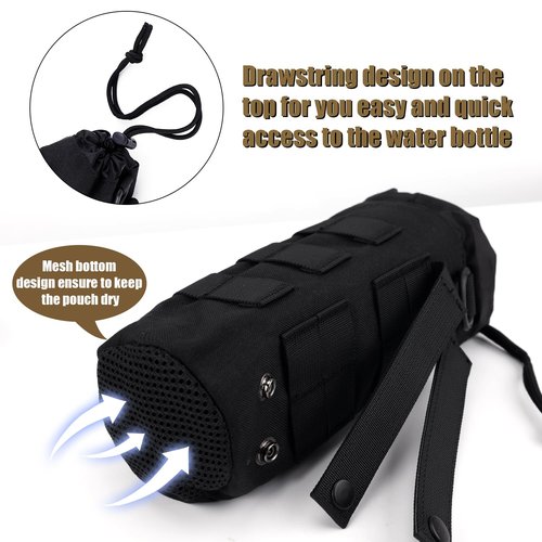 PEUTIER 2pcs Molle Water Bottle Holder, 1000D Nylon Sports Molle Bottle Pouch Carrier Bag with Drawstring Top Mesh Bottom Practical Molle Cup Holder for Outdoor Camping (Black)