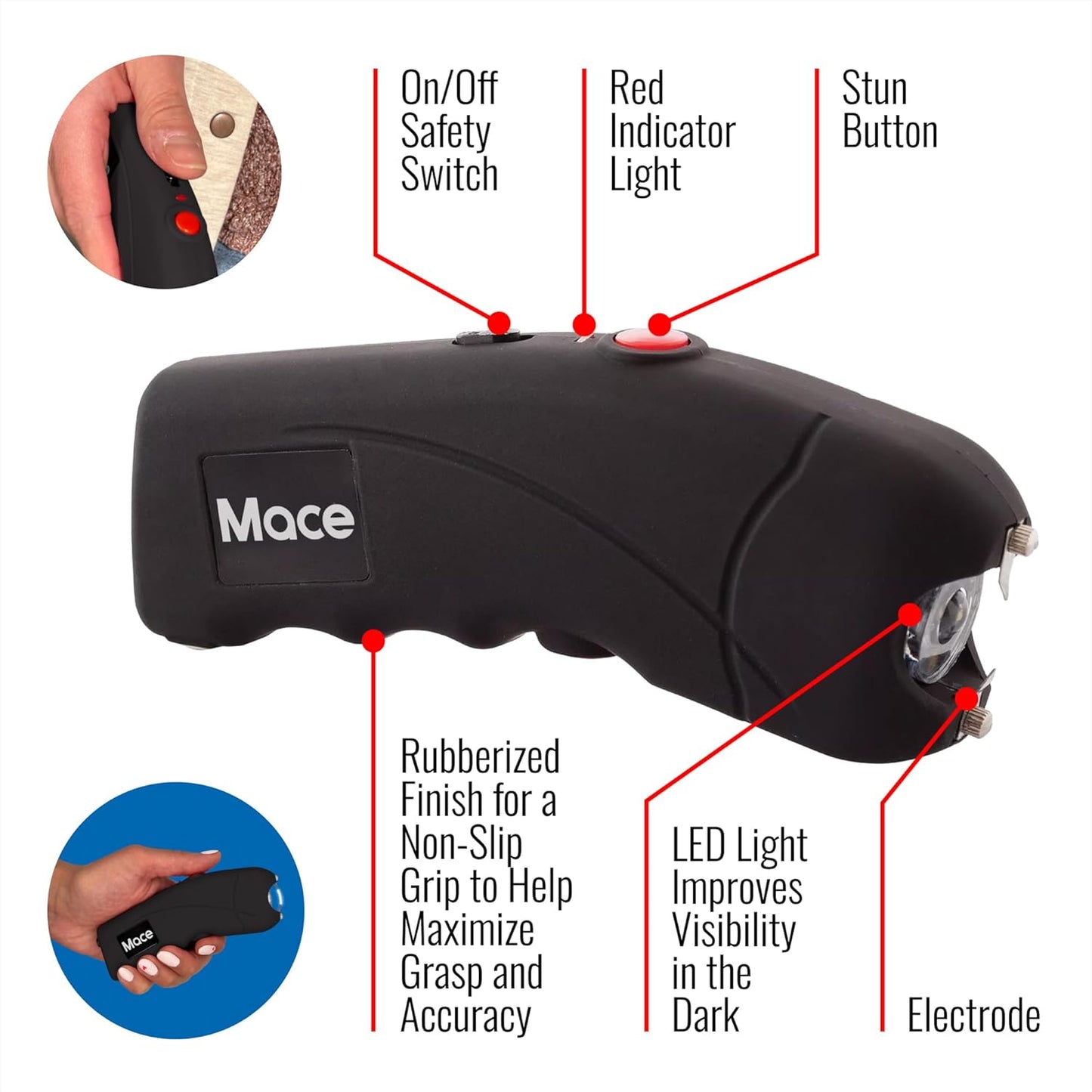Mace Ergo Stun Gun for Self Defense - Rechargeable, Bright LED Light, High Voltage, Up to 1.69 Microcoulombs of Electric Power, Self Defense for Women & Men
