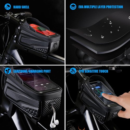 LLTTLTMM Waterproof Bike Bag, Long Extension Strap, Top Tube Bag Under 6.9'', Large Capacity, Touch Screen Compatible