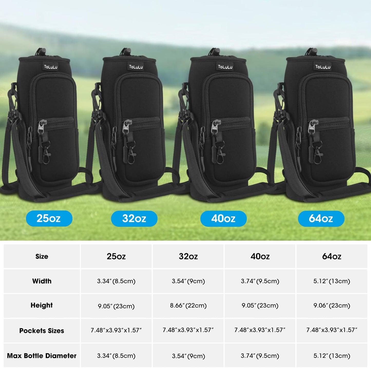 25/32/40oz Water Bottle Carrier Bag with Phone Pocket,Crossbody Insulated Neoprene Adjustable Shoulder Strap Water Bottle Pouch Case, Water Bottle Holder Sling Sleeve for Walking Hiking, 40oz Black