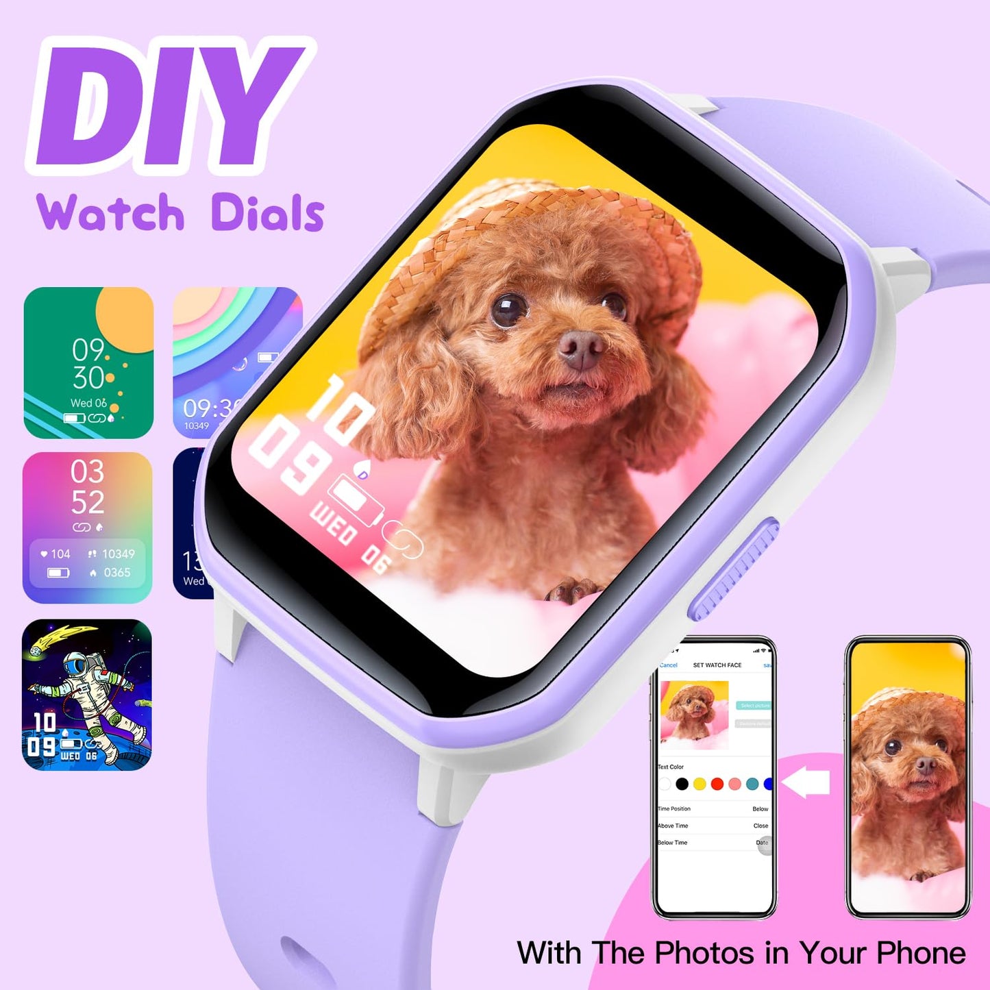 Kids Smart Watch for Girls,IP68 Waterproof Kids Fitness Tracker Watch with 1.5 Inch DIY Face,Heart Rate Sleep Monitor,19 Sport Modes,Calories Counter,Alarm Clock,Great Gifts for Children 6+(Purple)